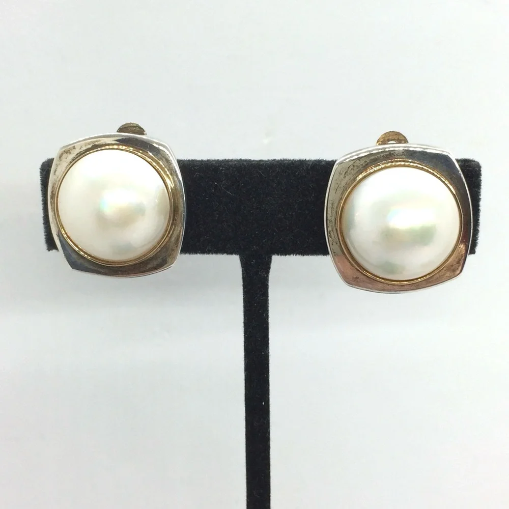 !!SOLD!! VINTAGE RIGOBERTO STERLING 14K PEARL CLIP ON EARRINGS SQUARE MODERNIST